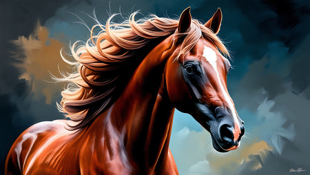 Digital painting of a horse with mane and mane in front of a blue skyの素材
