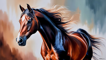 Digital painting of a bay horse with a mane in motion.の素材