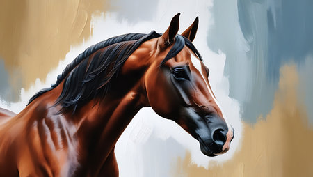 Realistic portrait of a bay horse. Side view. Digital painting.の素材