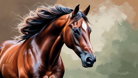 Digital painting of a beautiful bay horse with mane and maneの素材