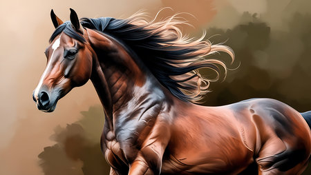 Beautiful bay horse with long mane. Digital painting on canvas.の素材