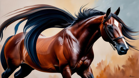 Digital painting of a bay horse in motion with long mane.の素材