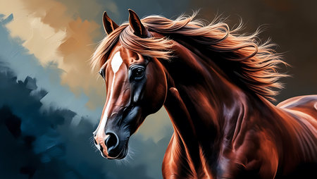 Digital painting of a bay horse with mane in black and orangeの素材