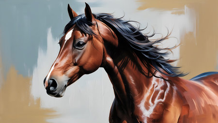 Digital painting of a bay horse with long mane and maneの素材