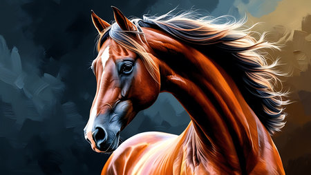 Digital painting of a bay horse on a dark background. Digital painting.の素材