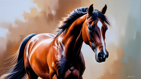 Horse portrait with long mane and tail in motion. Digital painting.の素材