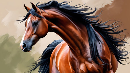 Beautiful bay horse with black mane. Realistic illustration.の素材