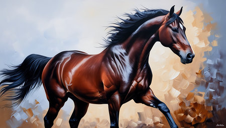 Digital painting of a bay horse with mane in motion against abstract backgroundの素材
