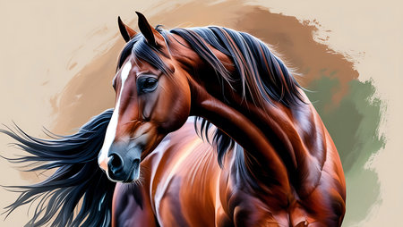 Horse portrait with long mane on grunge background. Vector illustrationの素材