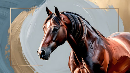 Horse portrait with golden frame. Digital painting. Vector illustration.の素材