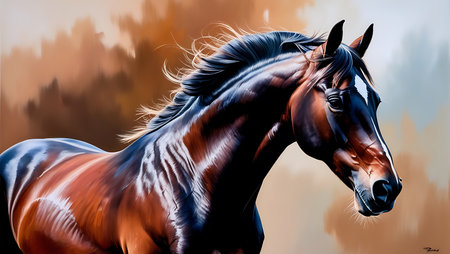 Beautiful bay horse portrait on a colored background. Digital painting.の素材