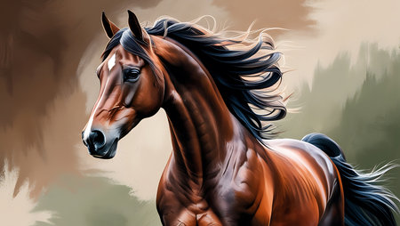 Digital painting of a bay horse with long mane in motion.の素材