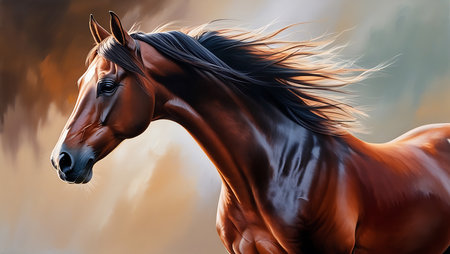 Beautiful bay horse portrait with long mane. Realistic illustrationの素材