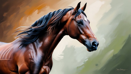 Horse portrait. Realistic illustration of a bay horse on abstract background.の素材