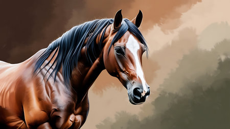 Horse portrait with black mane and blue mane on brown backgroundの素材