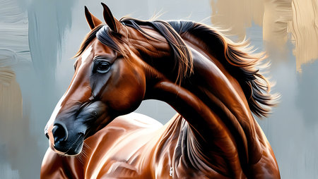 Digital painting of a bay horse with mane. Artistic painting.の素材