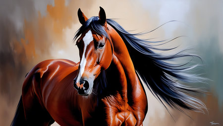 Beautiful bay horse with long mane in motion. Digital paintingの素材