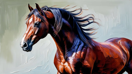 Digital painting of a bay horse with long mane and maneの素材