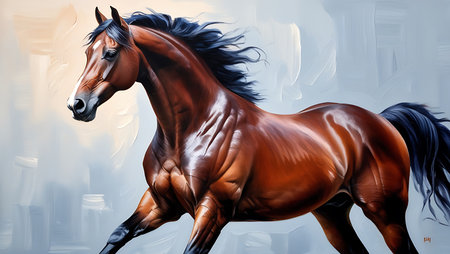Digital painting of a bay horse with long mane in motion.の素材