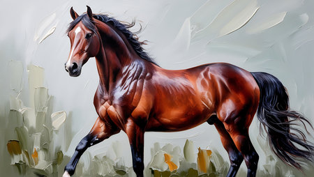 Realistic painting of a bay horse standing in the paddock.の素材