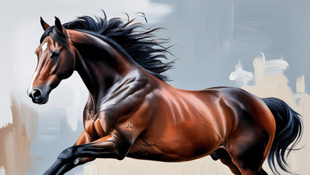 Digital painting of a bay horse with long mane in motion.の素材