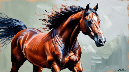 Painting of a bay horse on canvas. Digital painting of a horse.の素材