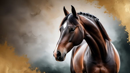 Beautiful bay horse portrait on a grunge background with copy spaceの素材