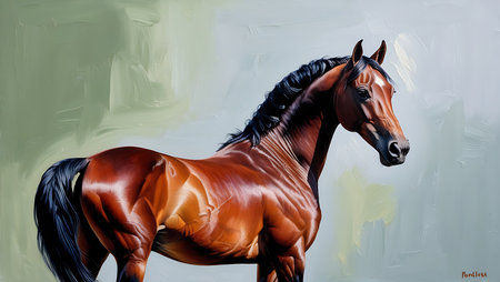 Horse painting on canvas. Portrait of a bay horse.の素材