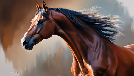 Portrait of a beautiful bay horse with long mane. Digital painting.の素材