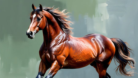 Beautiful bay horse running on green background. Portrait of a horseの素材