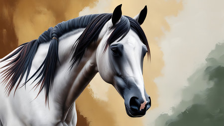 Portrait of a white horse with black mane. Digital painting.の素材