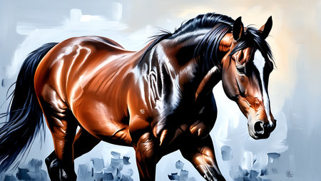 Digital painting of a horse in front of a cityscape, illustrationの素材