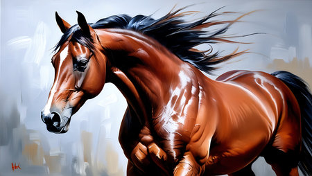Digital painting of a bay horse in front of a cityscape.の素材