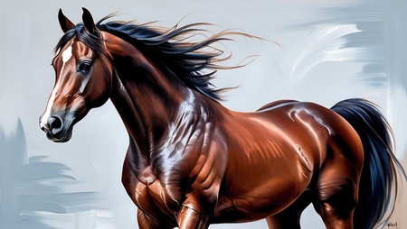 Digital painting of a bay horse with a mane in its hairの素材
