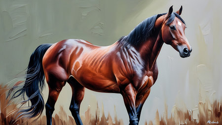 Illustration of a beautiful bay horse standing in the paddock.の素材