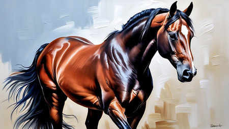 Digital painting of a bay horse in motion against a background of white wallの素材