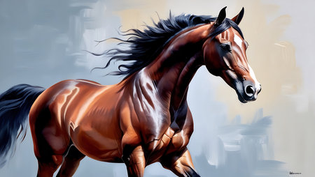 Digital painting of a bay horse with black mane in motion.の素材