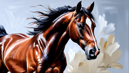 Digital painting of a bay horse with white flowers in the background.の素材