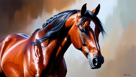 Beautiful bay horse portrait. Portrait of a bay horse.の素材