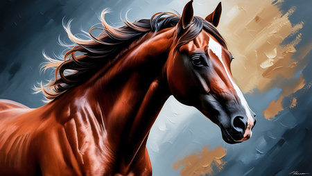 Digital painting of a bay horse with mane and mane in motionの素材
