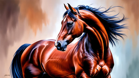 Digital painting of a bay horse with long mane and maneの素材