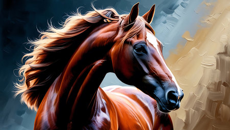 Digital painting of a bay horse with a mane in the backgroundの素材