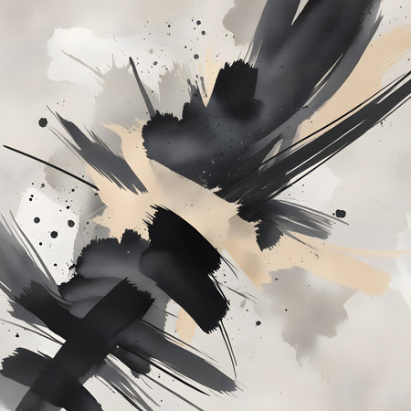 Abstract watercolor background with black and beige strokes and splashesの素材