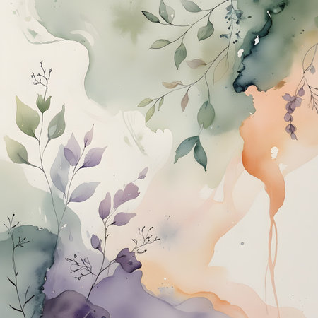 Abstract watercolor background with leaves and flowers. Hand-drawn illustration.の素材