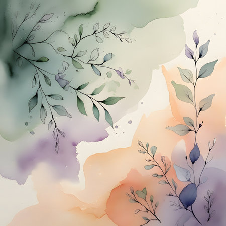 Abstract watercolor background with leaves and branches. Hand-drawn illustration.の素材