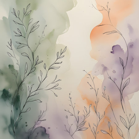 Abstract watercolor background with floral elements. Hand-drawn illustration.の素材