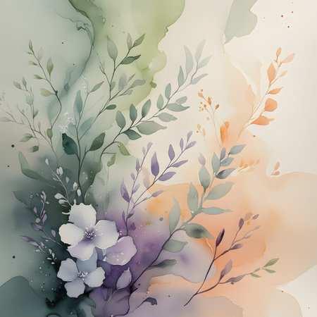 Abstract watercolor background with flowers and leaves. Hand-drawn illustration.の素材