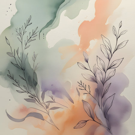 Abstract watercolor background with hand drawn floral elements. Vector illustration.の素材