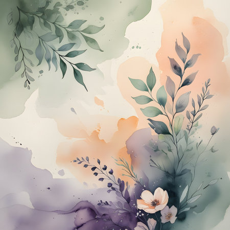 Abstract watercolor background with flowers and leaves. Hand-drawn illustration.の素材