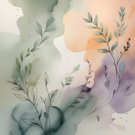 Abstract watercolor background with floral elements. Hand-drawn illustration.の素材